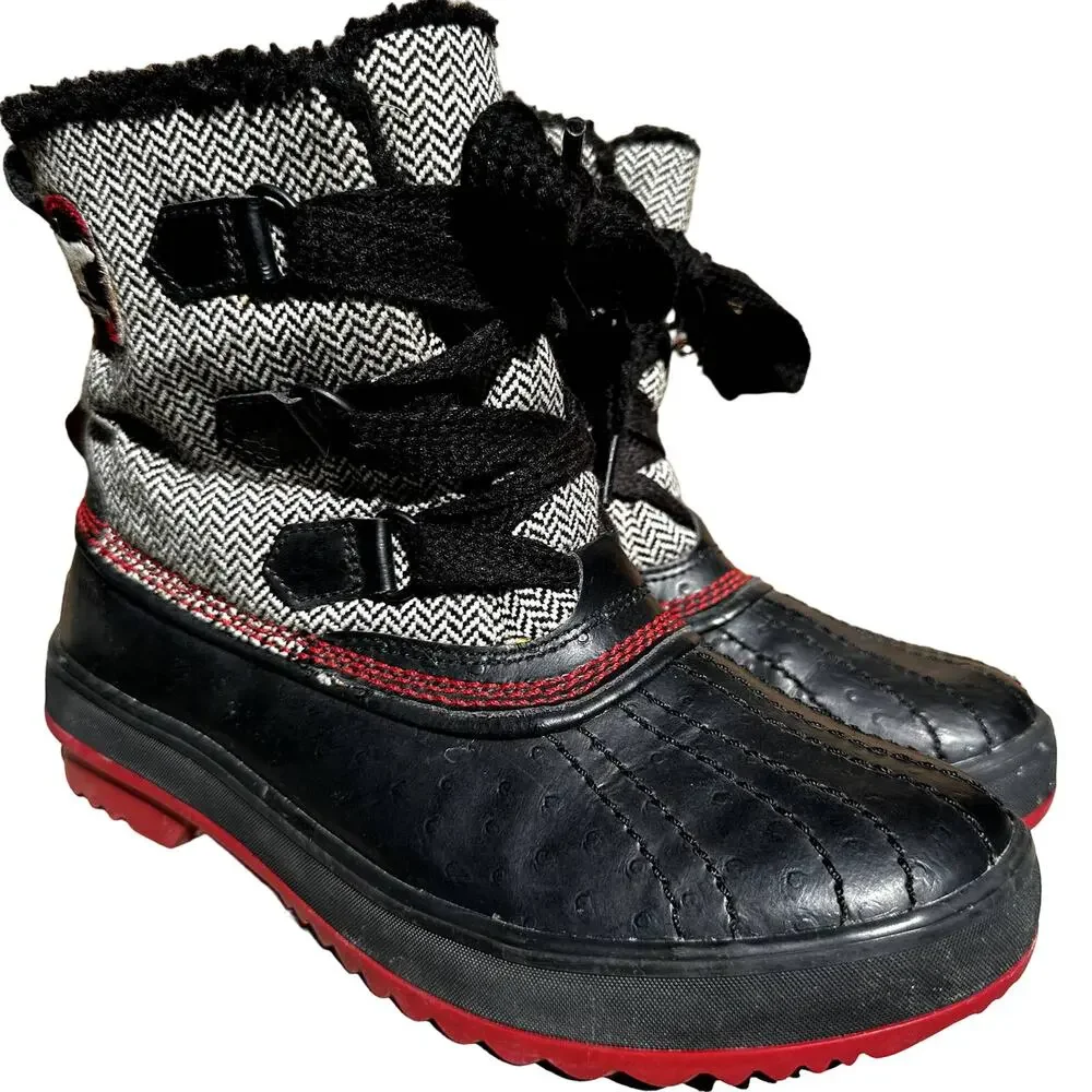 Sorel Tivoli Herringbone Tweed Winter Snow Boots Lace Up Chevron Faux Fur Red 7